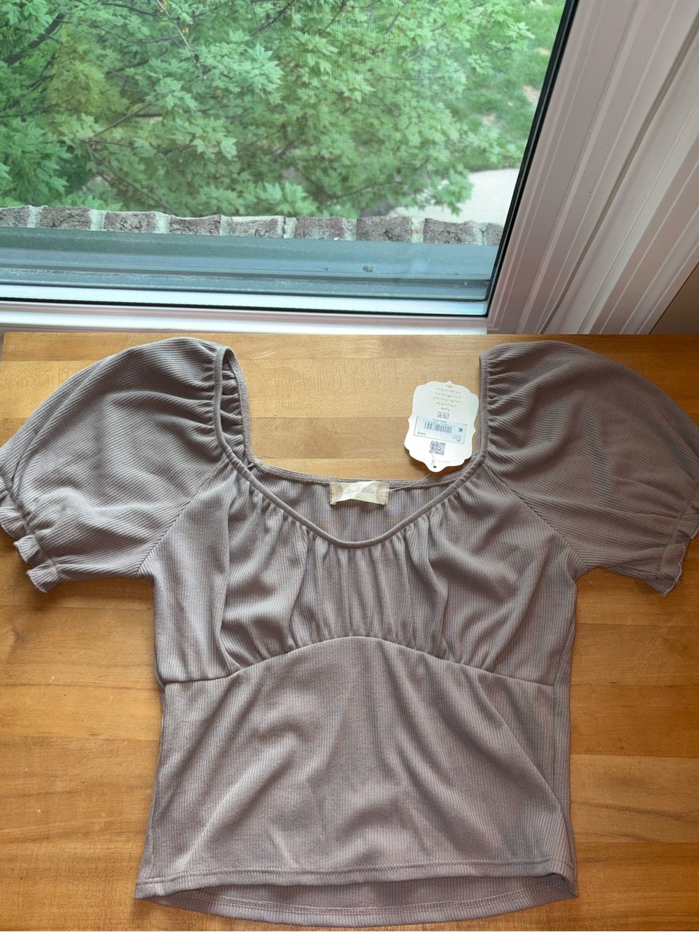 NEVER WORN - Altar'd State Taupe Smocked Scoop-Neck Puff Sleeve Crop Top